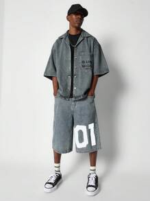 SUMWON Washed Denim Jort With Number Graphic Print - Dark Wash - View 3