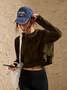 VARSITIE Sweatshirt High Collar Hooded Long Sleeves Contrast Stitching Double Hem Loose Fit Women Sports Sweatshirts - Army Green - View 3