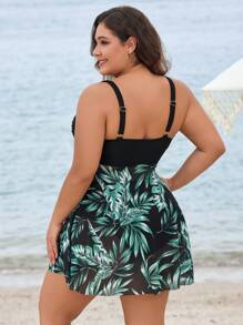 SHEIN VCAY 大码贝壳边细肩带印花开叉泳衣，休闲度假 - 彩色 - 查看 2