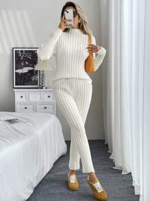 Chiquease 2 件套女士圆领针织修身喇叭裤毛衣套装 - 杏色 - 查看 5