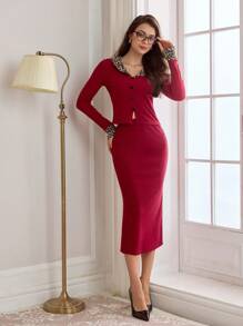 Vintamour 2 bộ trang phục cổ điển thanh lịch mùa đông cho nữ dài tay chắp vá họa tiết da báo - Bộ đồ dệt kim màu đỏ tía và váy hở vai trang phục cho lễ Tạ ơn cho phụ nữ trang phục gợi cảm cho phụ nữ quần áo mùa thu hai mảnh trang phục mùa thu váy giáng sinh cho phụ nữ bộ đồ gợi cảm hai mảnh cho phụ nữ bộ đồ vest cho phụ nữ áo sơ mi Jersey bộ đồ mùa đông cho phụ nữ bộ đồ da báo - Màu Đỏ Sâu - Xem 3