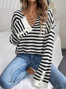 SHEIN LUNE Sweater Rajut Kasual Longgar Berkerah V dengan Kancing, Motif Garis Kontras untuk Wanita, Pullover Rajut Musim Gugur/Musim Dingin - Hitam dan Putih - View 4