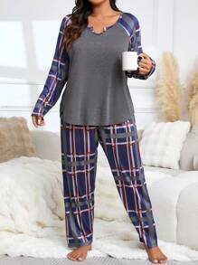 Conjunto de pijama de pantalón y parte superior de contraste de color a cuadros de manga raglán casual de primavera y otoño para mujeres de talla grande