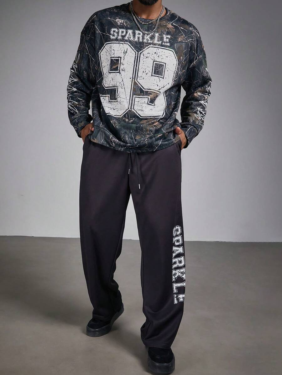Manfinity Roughcore Men's Plus Size Letter Print Crew Neck Sweatshirt And Sweatpants Casual Set - Multicolor - View 1