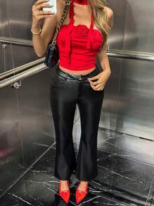 Chiquease Quần da pha trộn, khóa kéo, nút, túi lưỡi liềm, loe, thu đông - màu đen - Xem 3