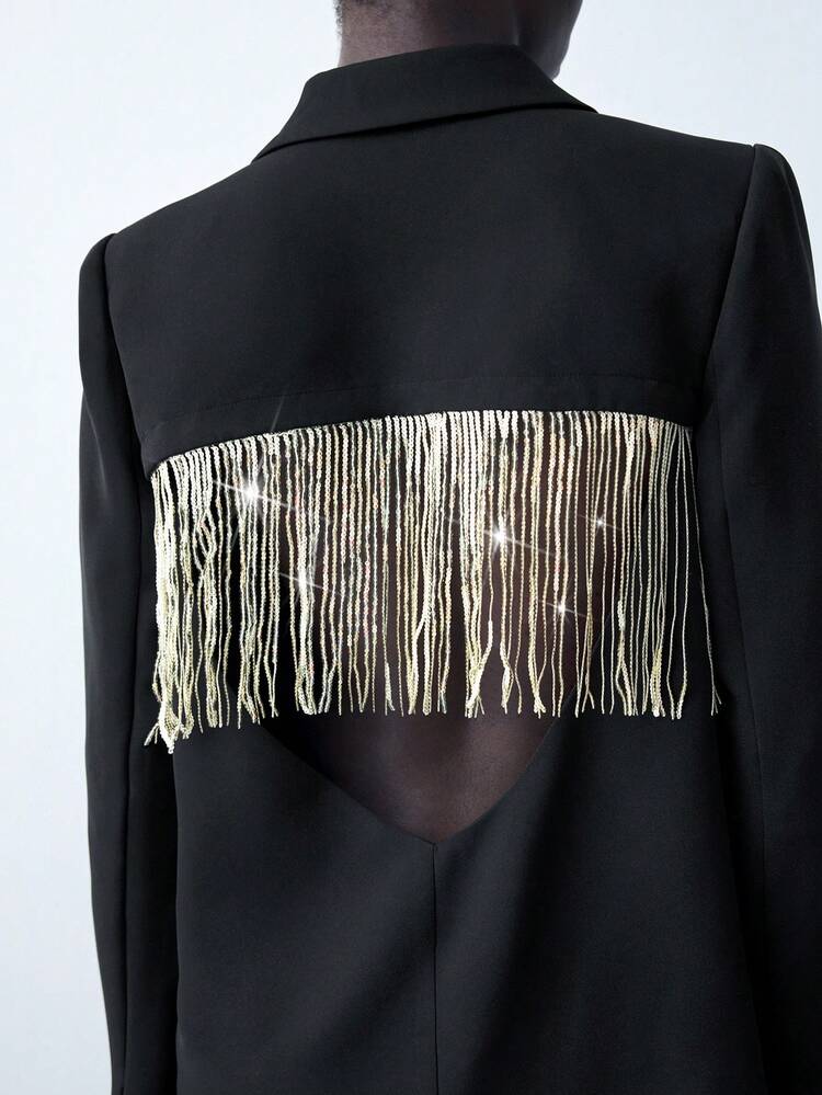 SHEIN Maija Veste blazer à manches longues avec décorations à franges et blocs de couleurs pour femmes, automne hiver
