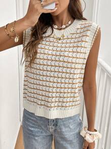 SHEIN Frenchy Chaleco de punto sin mangas con cuello redondo, espalda con lazo y diseño de rayas para mujer, casual para uso diario