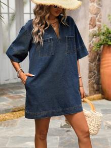 Breezaya 女式夏季宽松休闲牛仔连衣裙，有领、落肩、口袋 - 藍色 - 查看 5