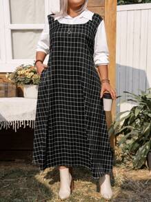 Plus Size Solid Color Patchwork Long Sleeve Simple Pocket Casual Dress, Random Prints