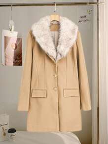 SHEIN Clasi 纯色长袖前扣口袋优雅修身羊毛混纺外套冬季女装 - 棕色 - 查看 7