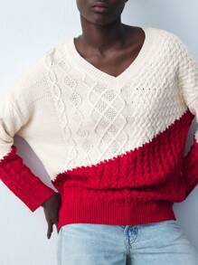Maija Women's Colorblock V-Neck Drop Shoulder Casual Sweater, Red And White