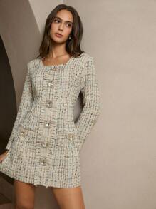 Anewsta Women's Tweed Padded Shoulder Long Sleeve Rhinestone Button Square Collar Elegant Mid-Length Dress - Brown - View 1