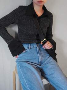 FRIFUL Women's Spring Autumn Ribbed Long Sleeve Buttoned Form-Fitting Contrast Color T-Shirt