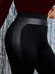 SHEIN Clasi Plus Size Simple Solid Color Patchwork Leggings, Casual Everyday Wear Fall Cloth For Women - Black - View 4