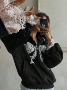 DAZY Women's Loose Lace Butterfly Print Thermal Lined Thick Sweatshirt