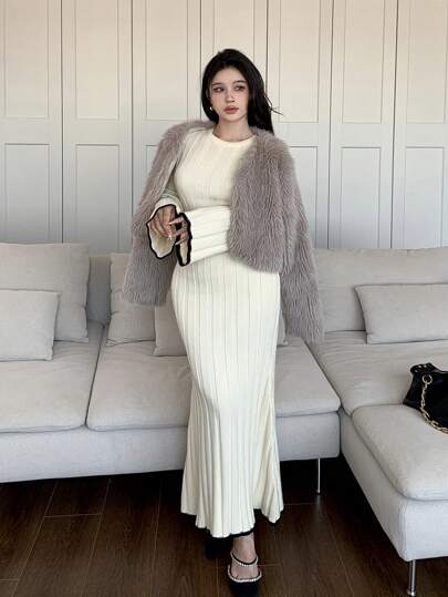 Feyla 女士优雅长喇叭袖针织毛衣连衣裙，秋冬