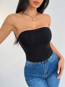 SHEIN PETITE 女士抹胸紧身休闲上衣适合运动（含胸垫） - 黑色 - 查看 6
