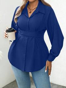Calvaya Plus Size Solid Front Button Long Sleeve Casual Shirt - Royal Blue - View 4
