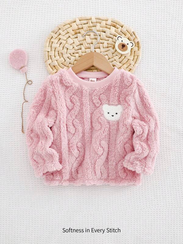 Cozy Pixies Baby Girl Teddy Bear Pattern Thermal Lined Crew Neck Sweatshirt