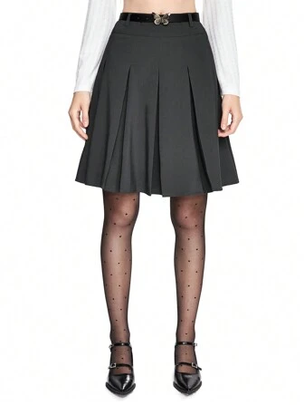 Kawaii Women's Grey Pleated Mid-Length Skirt, School Style
