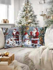 4 buc Fata de perna cu imprimeu cu brad si om de zapada Moș Crăciun - 45X45 cm, potrivite pentru canapea de Crăciun, pentru decorarea casei, huse de pernă, Sărbători fericite, acasă, huse de perne pentru decor fermă, lavabile la mașină, 18 * 18 inch, fără miez de pernă