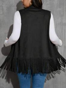 SHEIN Essnce 大码女式春秋季纯色麂皮流苏常规背心夹克 - 黑色 - 查看 2