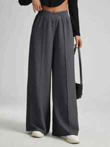SHEIN Essnce 女士纯色不对称腰带阔腿宽松休闲裤 - 灰色 - 查看 3