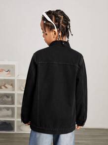 SHEIN 青少年男孩时尚休闲黑色牛仔布内衬，增加保暖效果，翻领长袖夹克，适合日常穿着和秋冬季儿童服装