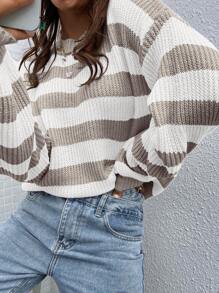 SHEIN PETITE 女士休闲撞色条纹超大圆领长袖针织毛衣，冬季宽松套头衫 - 彩色 - 查看 6