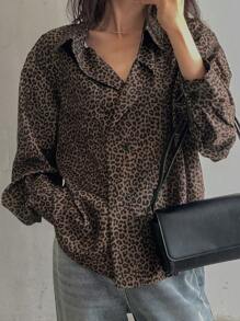 DAZY 女士宽松豹纹街头风衬衫，棕色，春夏秋季 Y2K，返校服，秋季女装长袖上衣 - 棕色 - 查看 7