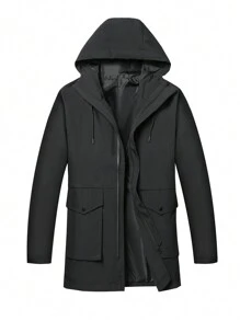 Manfinity Homme Abrigo informal con capucha y cierre de cremallera con cordón para hombre, otoño/invierno - Negro - Ver 1
