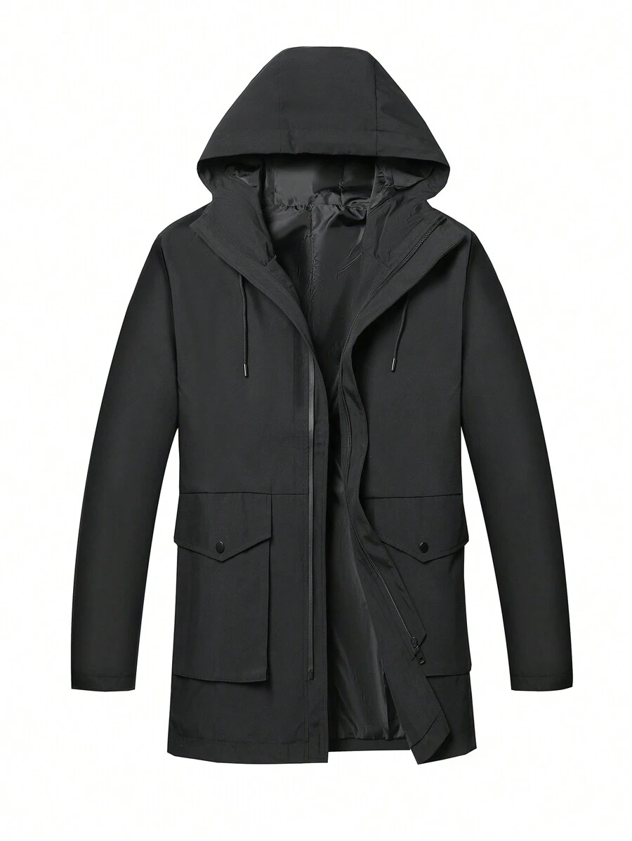 Manfinity Homme Abrigo informal con capucha y cierre de cremallera con cordón para hombre, otoño/invierno - Negro - Ver 1