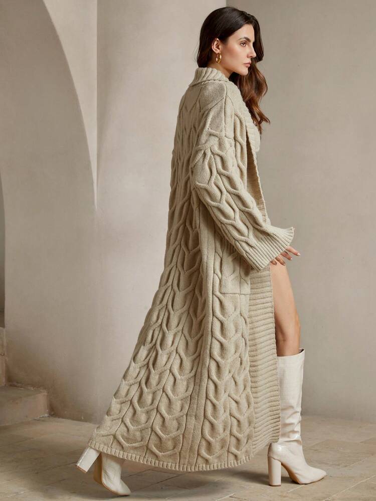 Anewsta Women's Elegant Long Cardigan With Collar And Cable Knit, Beige, Winter