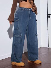 Plus Size Solid Color Pockets Straight-Leg Casual Baggy Jeans - Blue - View 6