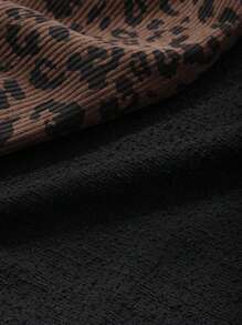 FRIFUL 女士圆领落肩宽松豹纹拼布运动衫，秋冬季 - 卡其色 - 查看 3