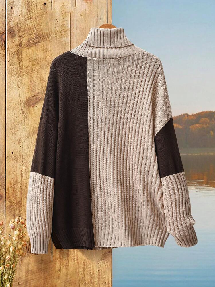 Women's Loose Fit Color Block Turtleneck Long Sleeve Casual Sweater, Autumn/Winter