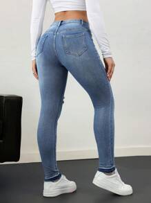 SHEIN Essnce 女士休闲紧身牛仔裤 破洞弹力 蓝色 - 中等水洗藍 - 查看 2