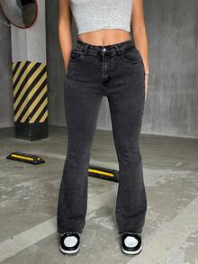 Women's Dark Gray Stretch Flared Jeans, Everyday Comfort Casual Style - 深灰色 - 查看 6