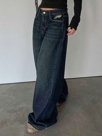 DAZY بنطلون جينز نسائي واسع الساق مريح مع جيوب، جينز فضفاض، ملابس عودة إلى المدرسة