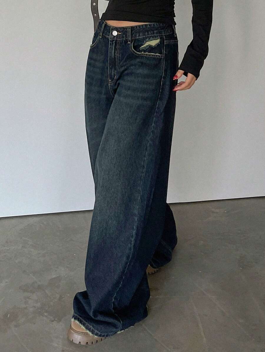 DAZY 女式宽松阔腿口袋休闲牛仔裤 Y2k、宽松牛仔裤、返校服 - 藍色 - 查看 1