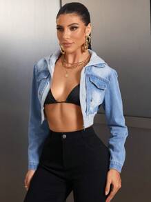 SHEIN SXY Áo khoác denim dài tay có mũ trùm đầu và túi cho nữ - Màu xanh lam - Xem 5