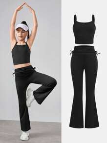 SHEIN 2 pezzi Set casual per ragazze pre-adolescenti con leggings e pantaloncini in maglia nera con effetto tie-dye - nero - Visualizzare 1