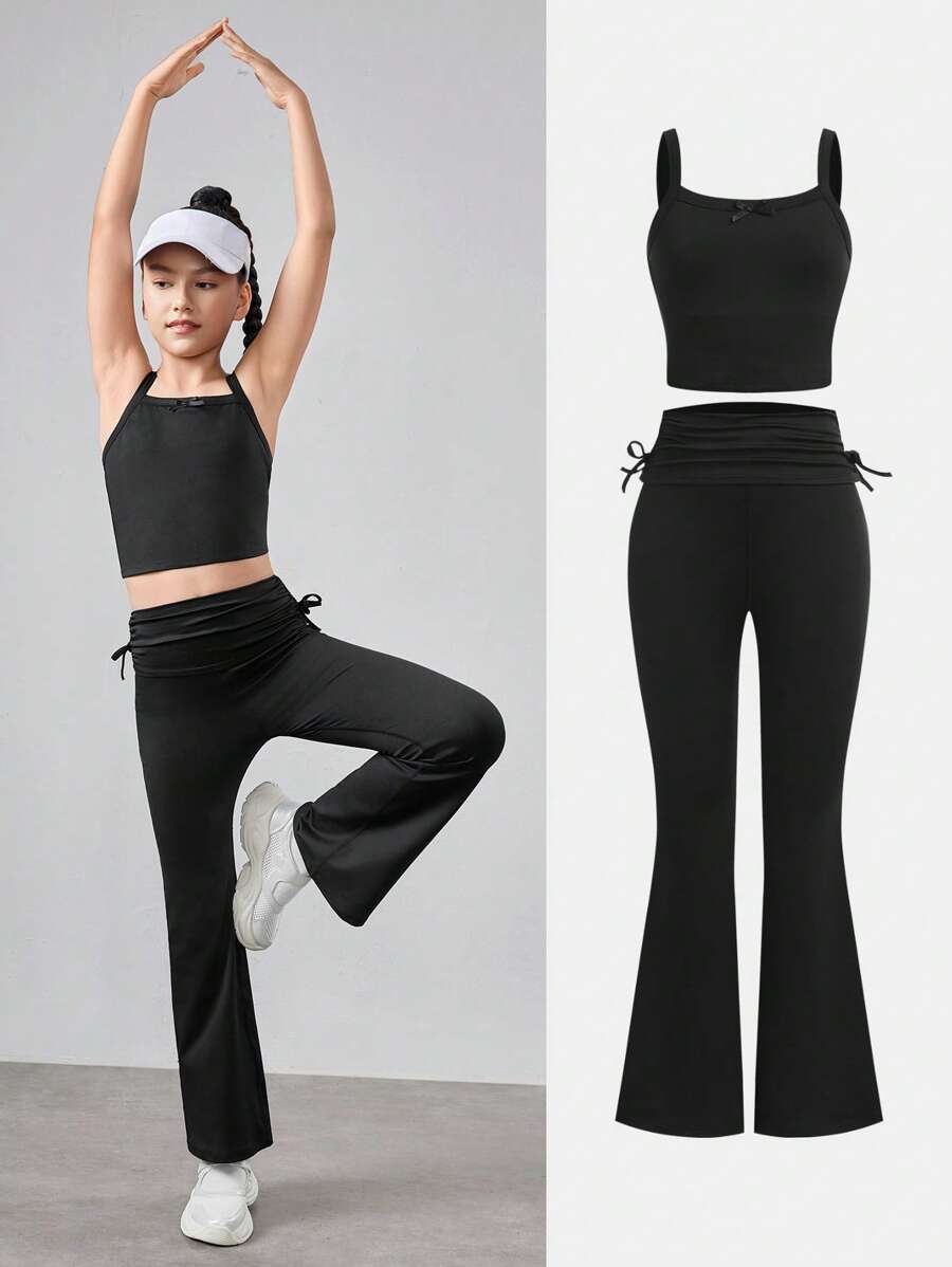 SHEIN 2 pezzi Set casual per ragazze pre-adolescenti con leggings e pantaloncini in maglia nera con effetto tie-dye - nero - Visualizzare 1