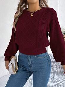 Casual Basic Cabled Knit Crew Neck Long Sleeve Sweater, Autumn/Winter,Long Sleeve Tops - Burgundy - View 4