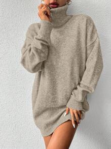 EURMUSE Áo cao cổ Thả vai Đầm Áo len Không có thắt lưng - Màu be - Xem 3