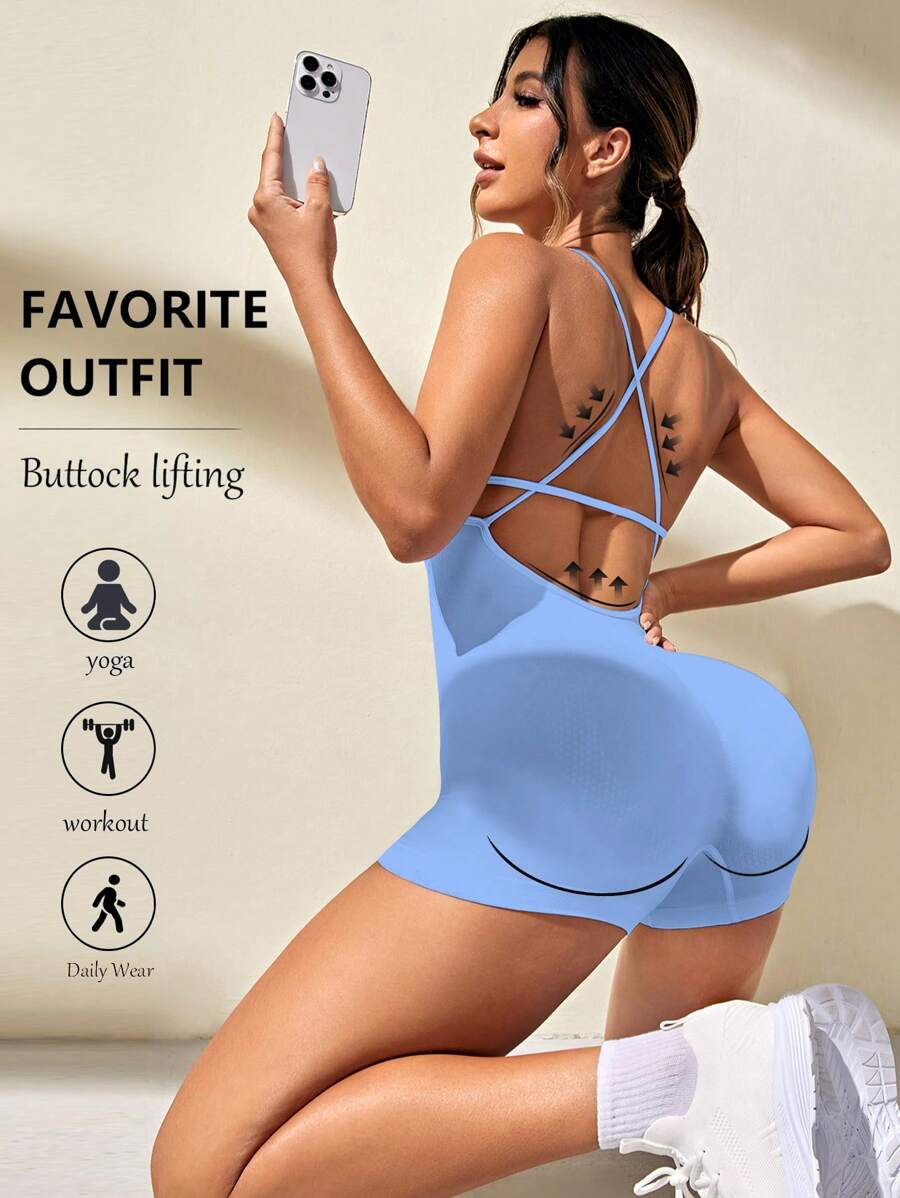 Easithlete Solid Color Backless Sleeveless Jumpsuit - Baby Blue - View 1
