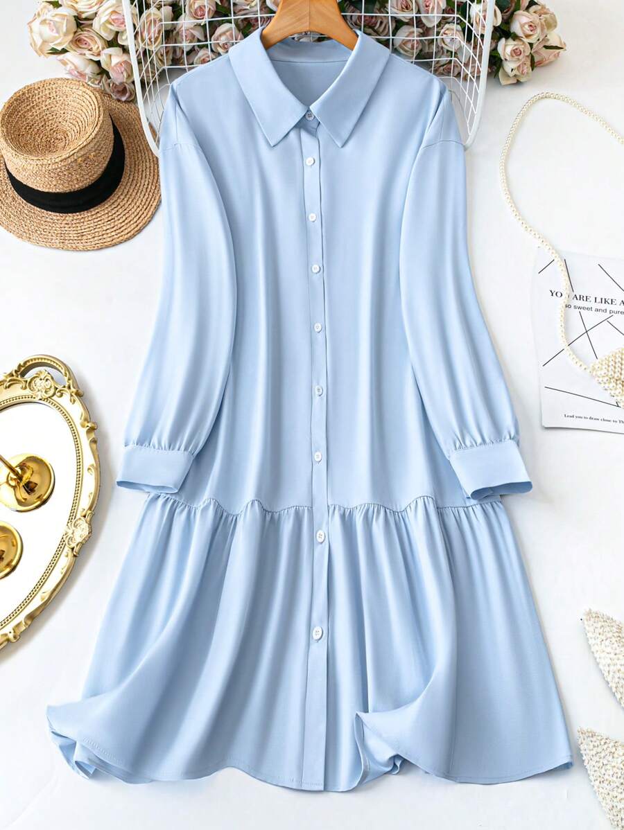 SHEIN LUNE Đầm sơ mi thường ngày tay dài bèo nhún màu trơn cỡ lớn cho nữ xuân/thu - Màu xanh nhạt - Xem 1