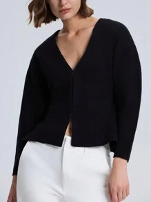 Áo khoác thường ngày dài tay cổ chữ V màu trơn - màu đen - Xem 6