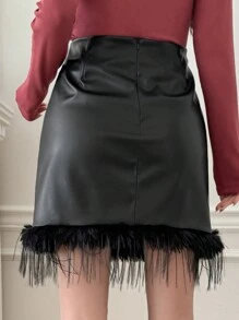 DAZY Women's PU Leather Fringe Fitted Skirt - Black - View 8
