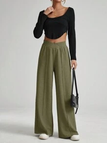 SHEIN Essnce 女士纯色不对称腰部阔腿宽松休闲裤 - 軍綠色 - 查看 6